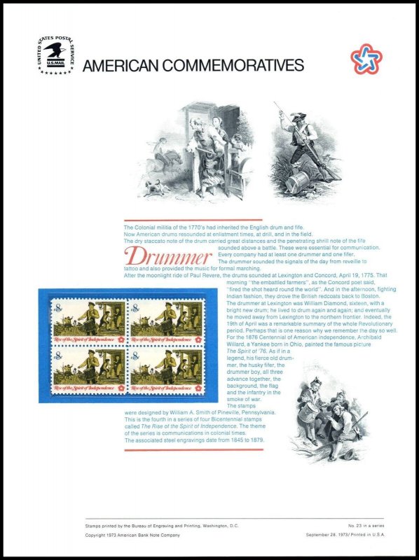 1973 American Revolution Drummer CP23 commemorative panel 23 MNH Sc Sc 1479
