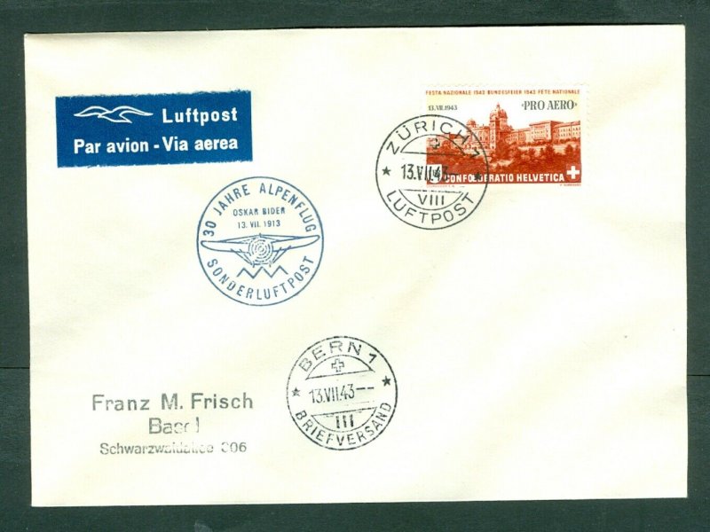 Switzerland. 1943 Cover. A/M. Special Cancel. 30 Year Alpen Flight.Sc# C 36. Adr