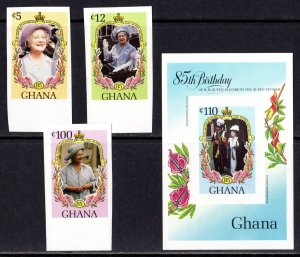 Ghana 1985 Queen Mother 85th.Anniversary Set (3) + 1 S/S IMPERFORATED MNH