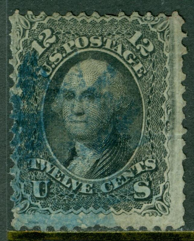 USA : 1868. Scott #97 F grill. Used. Blue cancel. Reperfed at right. Cat $260.