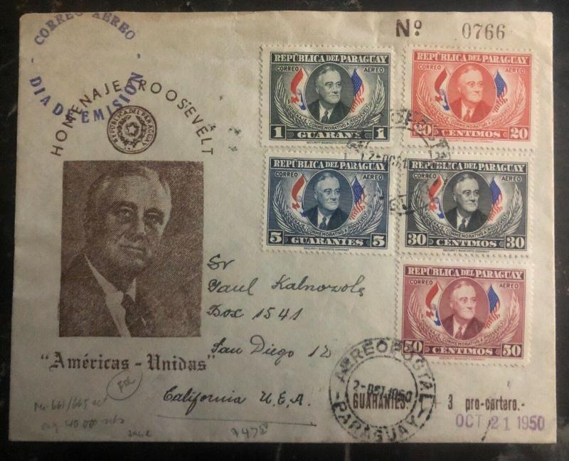 1950 Asuncion Paraguay First Day cover FDC To San Diego Ca USA Roosevelt Homage