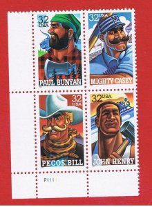 #3083-3086  MNH OG  plate block of 4  Folk Heroes  Free S/H