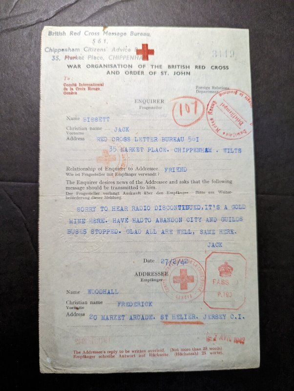 1942 England Red Cross Cover Chippenham to St Helier Jersey Channel Islands