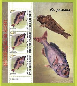 B0222 - DJIBOUTI - MISPERF ERROR Stamp Sheet - 2023 - Fish, Marine Life-