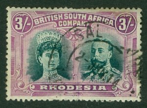 SG 158a Rhodesia 1910-13. 3/- bright green & magenta. Very fine used CAT £850