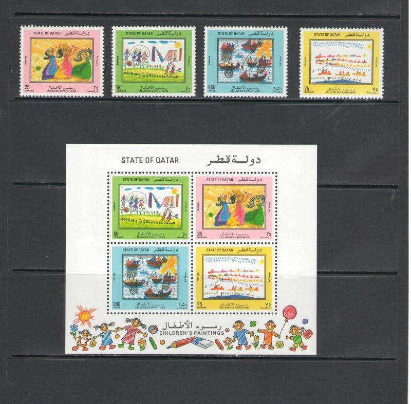 QATAR: Sc. 787-90,a /**CHILDREN'S PAINTINGS**/Full Set & SS / MNH-CV:$400+