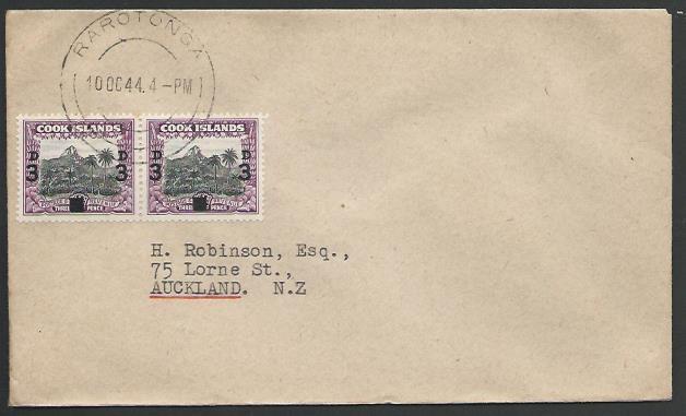 COOK IS 1944 3d opt pair on cover Rarotonga to NZ..........................56257