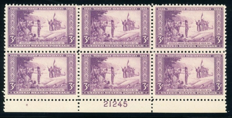 US Stamp #739 Wisconsin Tercentenary 3c - MNH - Plate Block of 6 - CV $5.00