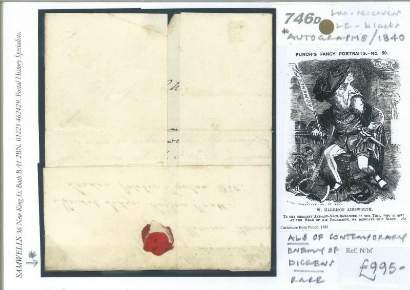 GB PENNY BLACK Cover 1840 *Harrison Ainsworth* Letter (Dick Turpin) DICKENS 746d
