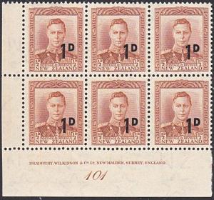 NEW ZEALAND GVI 1d on ½d plate block # 101 MNH..............................4119