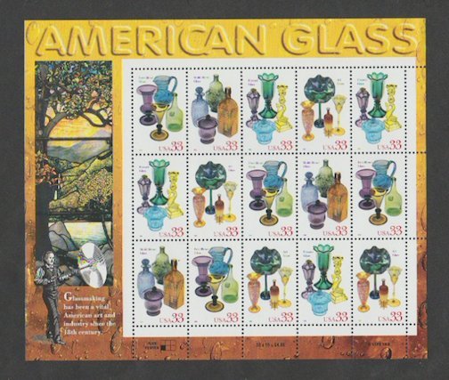 U.S. Scott #3325-3328 American Glass Stamps - Mint NH Sheet - LL Plate