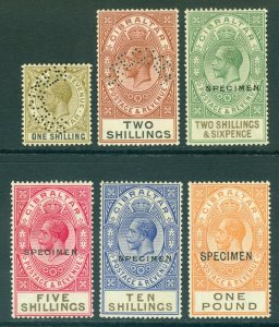 SG 102-107s Gibraltar 1925-32. 1 to overprinted specimen (various types)