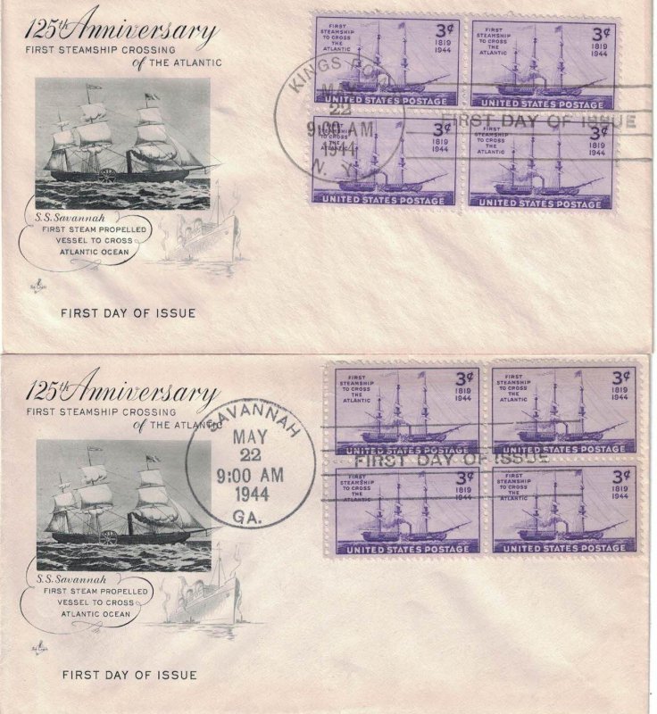 1944 FDC, #923, 3c Steamship, Art Craft - 2 cities, block of 4