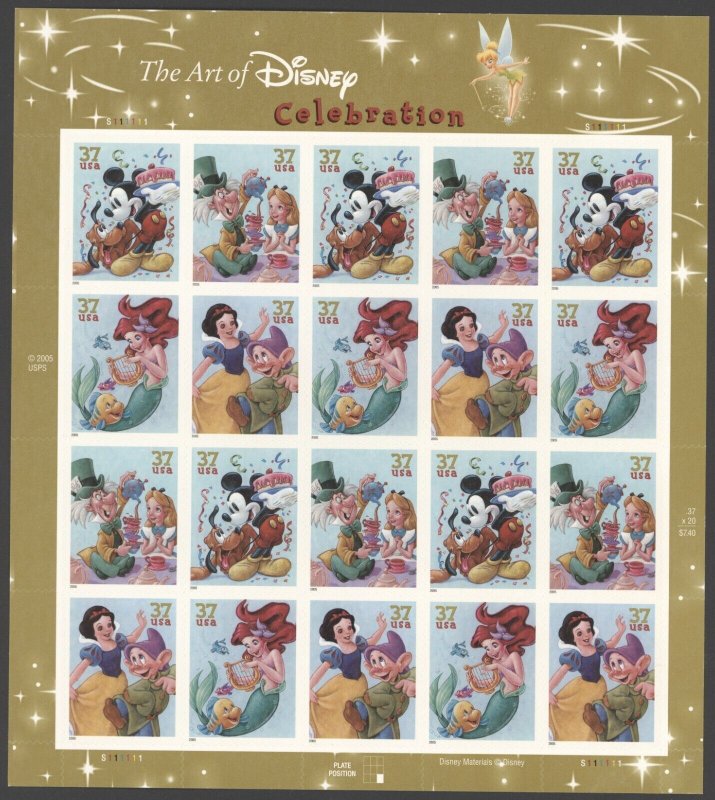 2005 US Scott #3912-3915 37¢ The Art of Disney: Celebration Sheet of 20 MNH