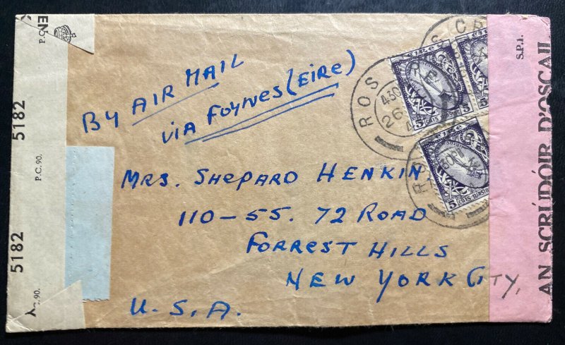 1944 Ireland Airmail Dual Censored Cover to New York Usa Via Foynes