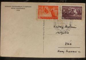 1938 Budapest Hungary First Day Postcard Cover FDC St. Stephen Centenary