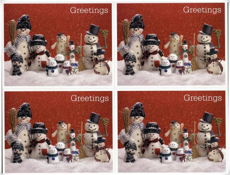 UX389a 23¢ Christmas Snowmen Postcards: Sheet of Four