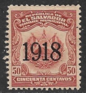 EL SALVADOR 1918 50c ARMS Municipal Revenue Ross M224 MNG