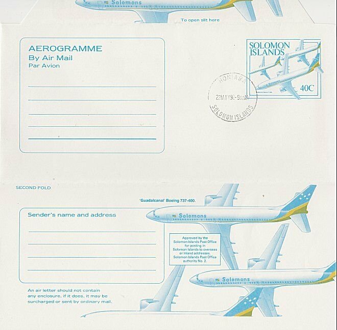 SOLOMON IS 1992 40c planes - aerogramme - CTO - Honiara cds.................K815