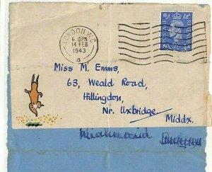 GB Rare ANIMAL RIGHTS WW2 ECONOMY LABEL Re-used Cover 1943 WOUNDED RABBIT AH27