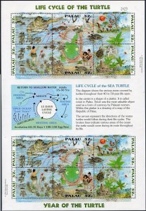 Palau 383 af sheet, MNH. Mi 975-980 ZD-bogen. Live Cycle of Sea Turtle, Birds.