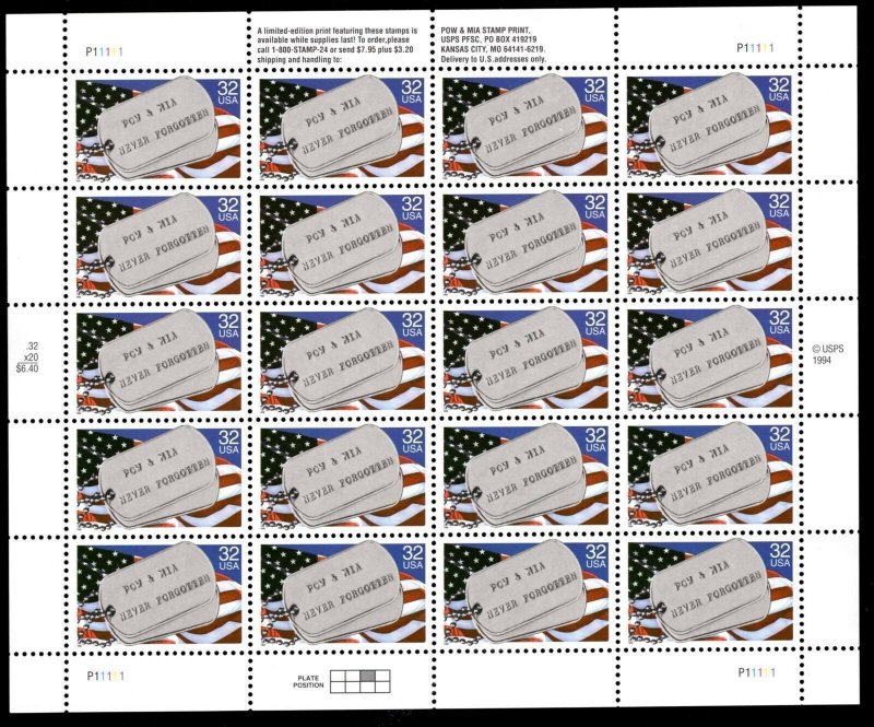 Dog Tags POW MIA Never Forget 2966 32¢ Sheet of 20 Stamps