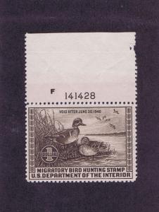 SC# RW6 UNUSED OG MNH $1 DUCK STAMP TOP MARGIN PL # 141428, 1939, VERY FINE.  