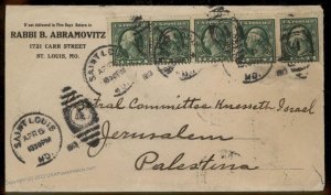 USA 1913 Rabbi Abramovitz St Louis MO Jerusalem Israel Palestine Cover 89423