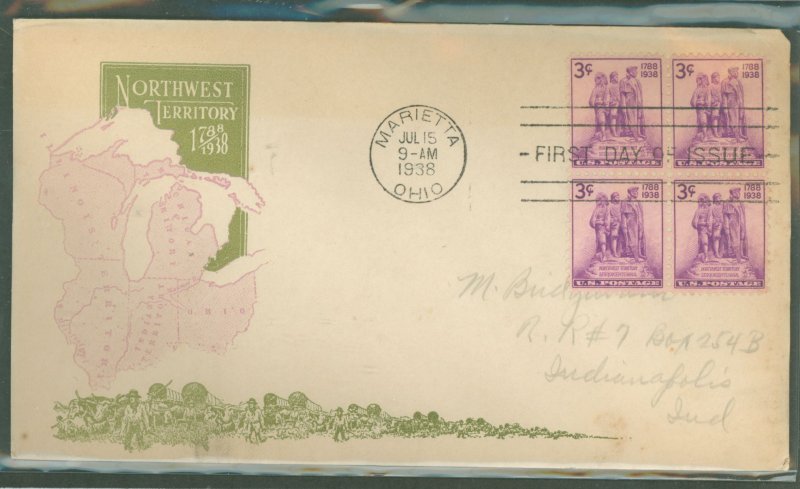 US 837 1938 3c Northwest Territory/150th anniv bl of 4 on an addressed (pencil) FDC with an Ioor cachet