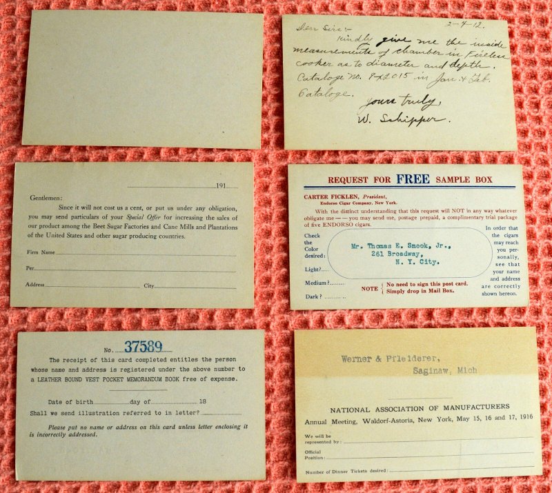 1911 US Sc. #UX23 lot of 6 unused postal cards, all different, nice lot
