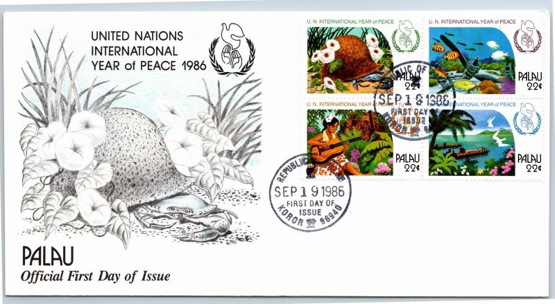 PALAU - INTERNATIONAL YEAR OF PEACE CACHETED FIRST DAY COVER SET OF 4 - 1986