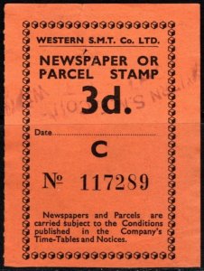 Vintage Great Britian 3 Pence Western S.M.T. Co. Ltd.  Parcel Newspaper Stamp