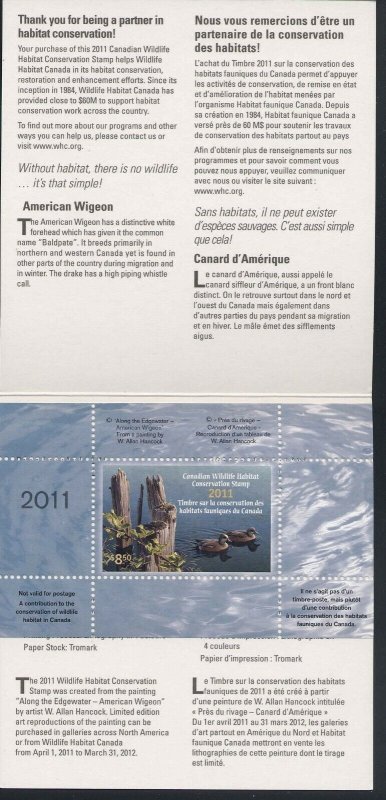 CANADA 2011 DUCK STAMP MINT IN FOLDER AS ISSUED AMERICAN WIGEON by Hancock