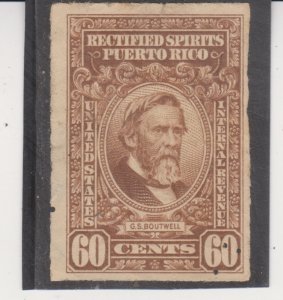 Puerto Rico Scott # RE39 60¢ Rectified Spirits (1942) Used Perfin 