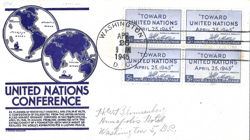 1945 FDC, #928, 5c United Nations Conference, Anderson, block of 4