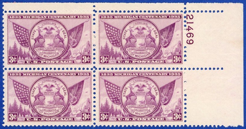 U.S. Scott #775 OG MNH Plate Block of 4 3c (1935) Michigan Centenary Issue