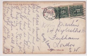 1908 U.S. Postcard to England – 2x 1¢ Franklin – San Antonio TEX Flag Cancel