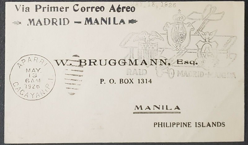 Philippines 1926 First Flight Aparri Manila Cover