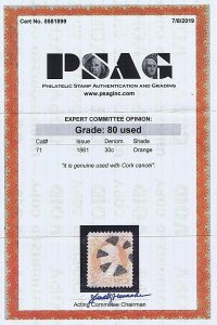 US 71 USED 30C FRANKLIN, WEDGES CORK CANCEL, 1861, 2019 PSAG CERT GRADED VF 80