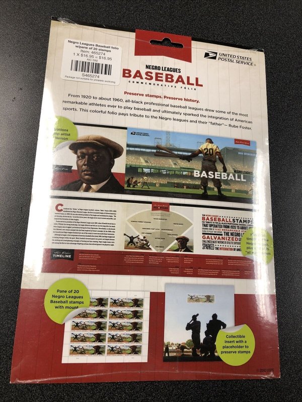 Excellent USPS NEGRO LEAGUES BASEBALL COMMEMORATIVE FOLIO and 20-Stamp Pane