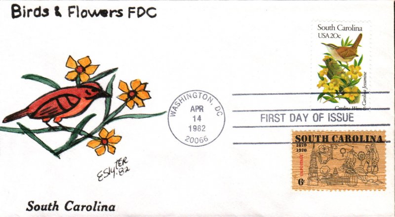 #1992 South Carolina Birds - Flowers Combo Slyter FDC