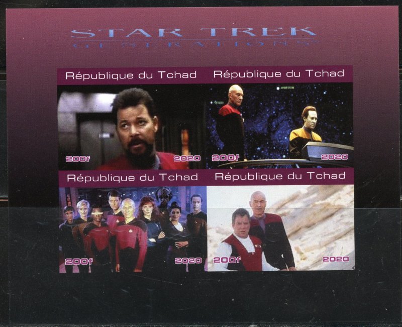 CHAD 2020 STAR TREK GENERATIONS IMPERF SHEET OF FOUR MNT NH