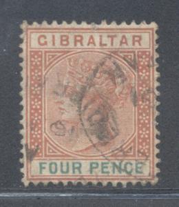 Gibraltar Sc 17 1898 4 d or brn & grn Victoria stamp used