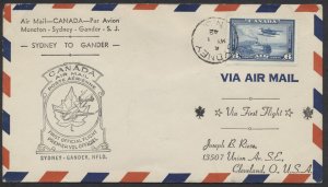 1942 Flight Cover Sydney NS to Gander Newfoundland #4205b Private Cachet