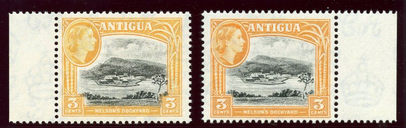 Antigua 1961 QEII 3c in two listed shades superb MNH. SG 123, 123a.