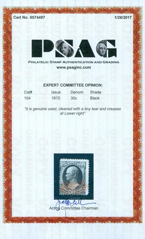 USA : 1870. Scott #154 Used. Nice appearance. PSAG Certificate. Catalog $300.00.