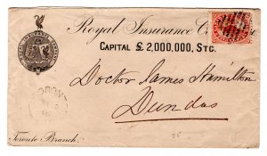 15, Scott, 5c on Royal Insurance cover, Toronto and Dundas Split-rings, 1866