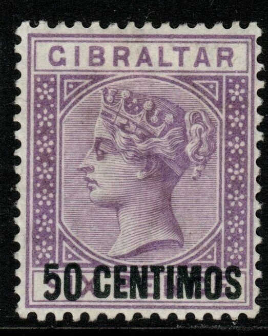 GIBRALTAR SG20a 1889 50c on 6d BRIGHT LILAC 5 WITH SHORT FOOT MTD MINT