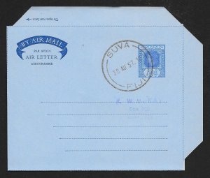 FIJI Aerogramme 3d Queen 1957 Suva cancel!