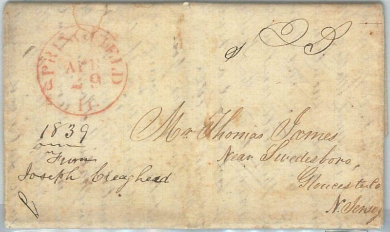 72326 - UNITED STATES USA - PREPHILATELIC Cover:  SPRINGFIELD, ILL  1839